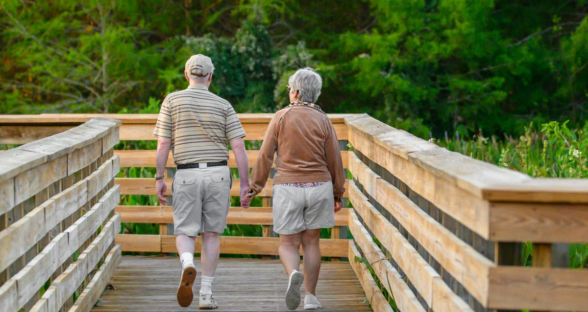 Two people walking together holding hands across a wooden footbridge on a sunny day